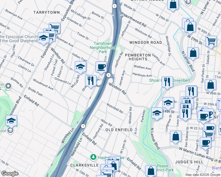 map of restaurants, bars, coffee shops, grocery stores, and more near 2322 Hartford Road in Austin