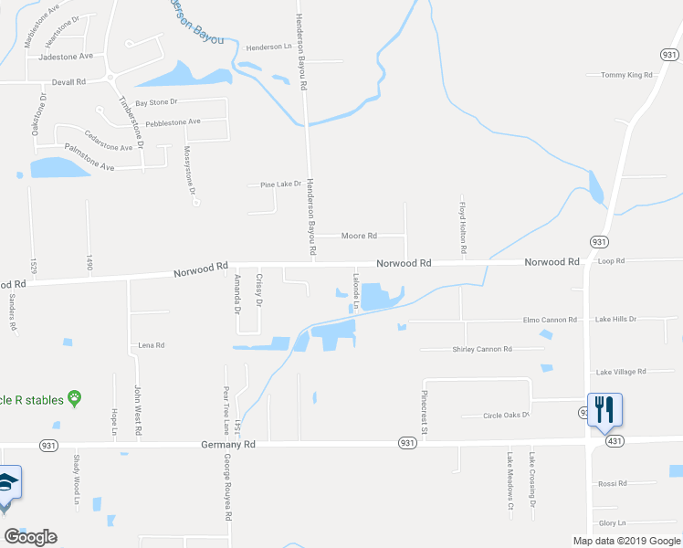 map of restaurants, bars, coffee shops, grocery stores, and more near 43173 Norwood Road in Gonzales