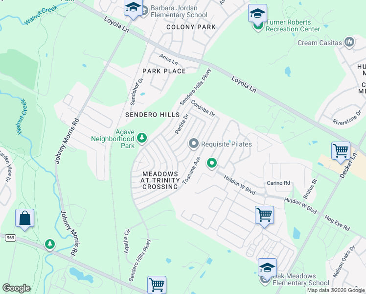 map of restaurants, bars, coffee shops, grocery stores, and more near 6001 Seville Drive in Austin