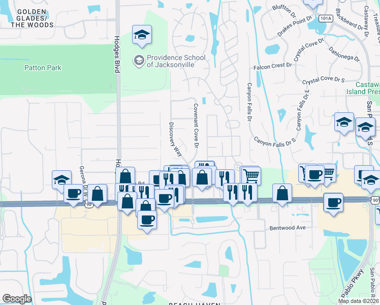 map of restaurants, bars, coffee shops, grocery stores, and more near 3102 Covenant Cove Drive in Jacksonville