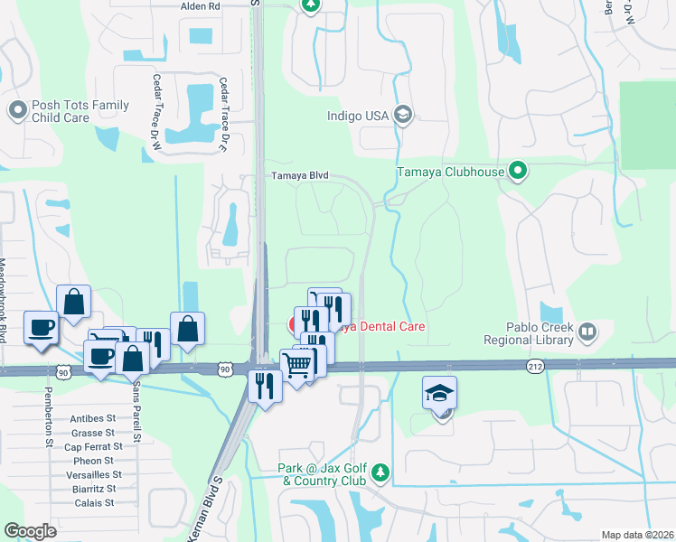 map of restaurants, bars, coffee shops, grocery stores, and more near 12726 Josslyn Lane in Jacksonville
