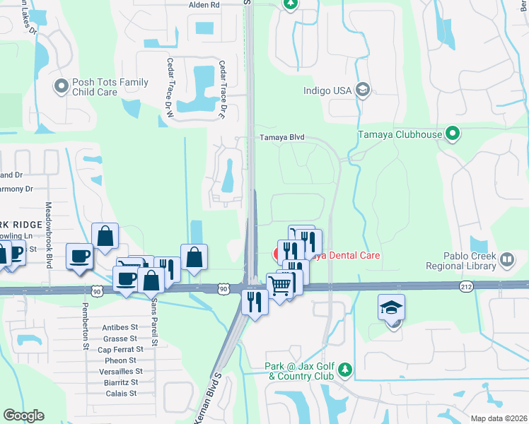 map of restaurants, bars, coffee shops, grocery stores, and more near 12637 Josslyn Lane in Jacksonville