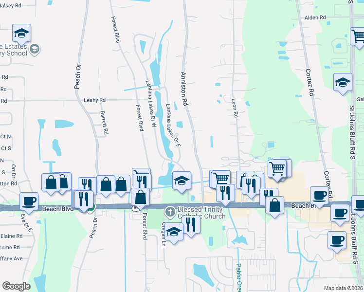 map of restaurants, bars, coffee shops, grocery stores, and more near 2990 Lantana Lakes Drive West in Jacksonville