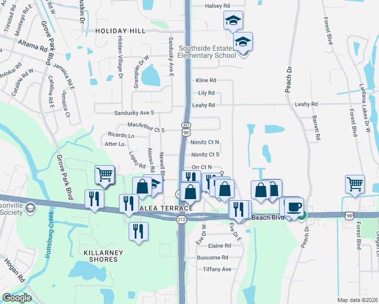 map of restaurants, bars, coffee shops, grocery stores, and more near 9718 Nimitz Court North in Jacksonville