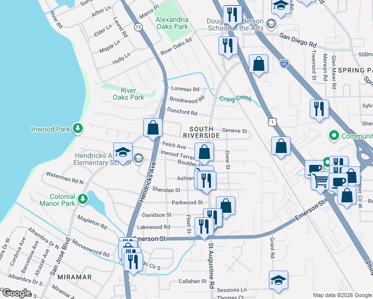 map of restaurants, bars, coffee shops, grocery stores, and more near 1713 Inwood Terrace in Jacksonville