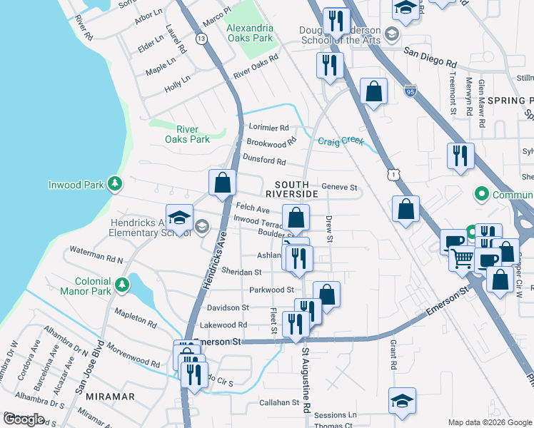 map of restaurants, bars, coffee shops, grocery stores, and more near 1713 Inwood Terrace in Jacksonville