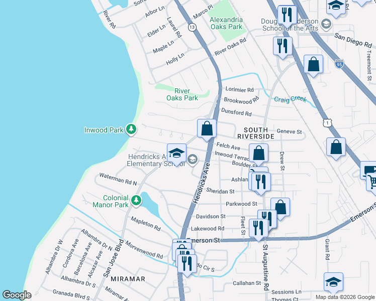 map of restaurants, bars, coffee shops, grocery stores, and more near 3311 San Jose Boulevard in Jacksonville