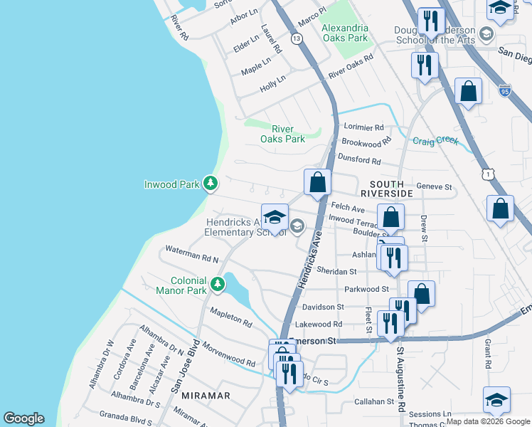 map of restaurants, bars, coffee shops, grocery stores, and more near 3362 San Jose Boulevard in Jacksonville
