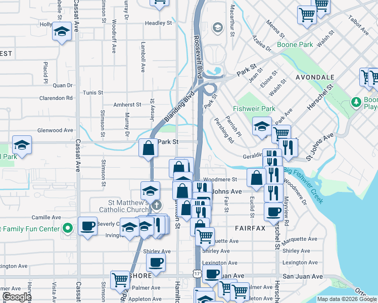 map of restaurants, bars, coffee shops, grocery stores, and more near 4525 Wheeler Avenue in Jacksonville