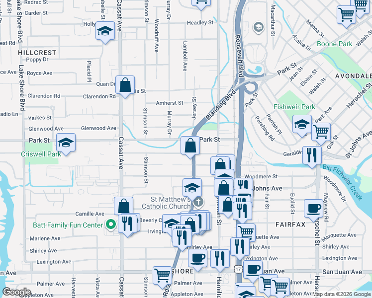 map of restaurants, bars, coffee shops, grocery stores, and more near 4609 Wheeler Avenue in Jacksonville