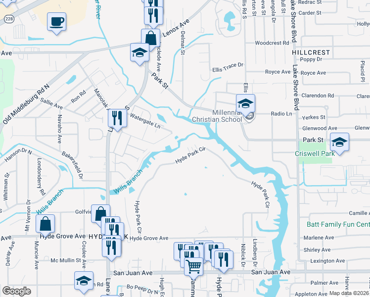 map of restaurants, bars, coffee shops, grocery stores, and more near 6003 Hyde Park Circle in Jacksonville