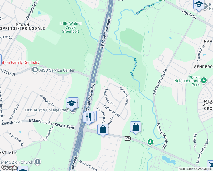 map of restaurants, bars, coffee shops, grocery stores, and more near 5404 King Henry Drive in Austin
