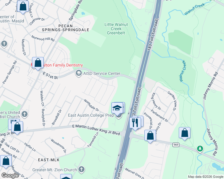 map of restaurants, bars, coffee shops, grocery stores, and more near 5321 Hutchinson Drive in Austin
