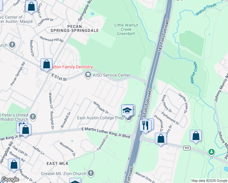 map of restaurants, bars, coffee shops, grocery stores, and more near 5321 Hutchinson Drive in Austin