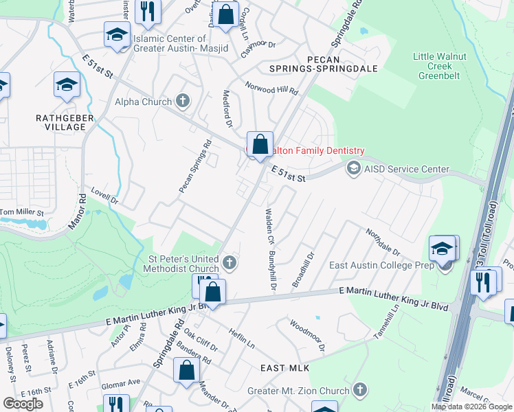 map of restaurants, bars, coffee shops, grocery stores, and more near 4801 Spring Meadow Cove in Austin
