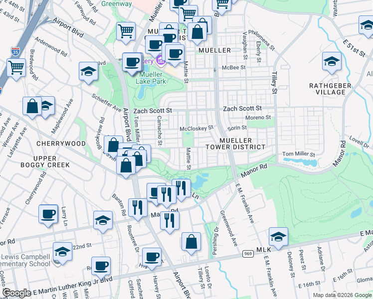 map of restaurants, bars, coffee shops, grocery stores, and more near 3913 Mattie Street in Austin