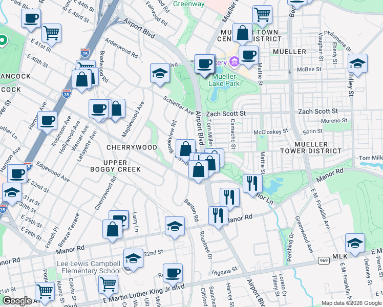 map of restaurants, bars, coffee shops, grocery stores, and more near 3906 Grayson Lane in Austin