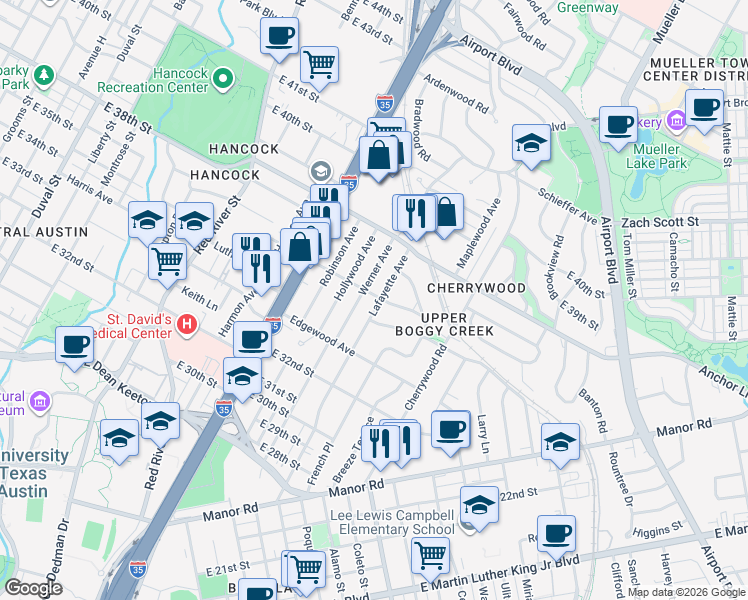 map of restaurants, bars, coffee shops, grocery stores, and more near 1401 Concordia Avenue in Austin