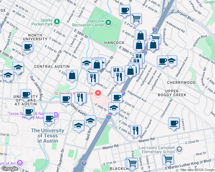 map of restaurants, bars, coffee shops, grocery stores, and more near 923 Keith Lane in Austin