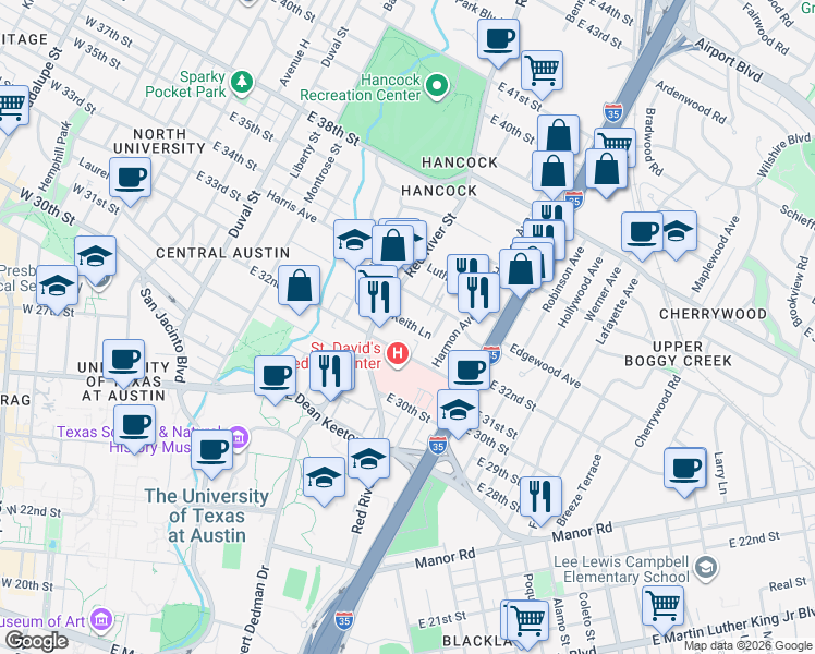 map of restaurants, bars, coffee shops, grocery stores, and more near 923 Keith Lane in Austin