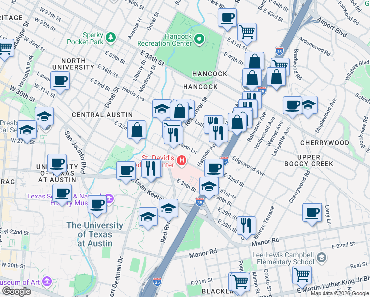 map of restaurants, bars, coffee shops, grocery stores, and more near 923 Keith Lane in Austin