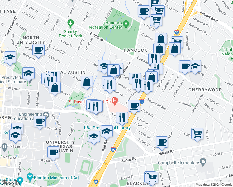map of restaurants, bars, coffee shops, grocery stores, and more near 919 1/2 East 32nd Street in Austin