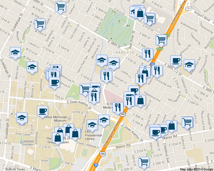 map of restaurants, bars, coffee shops, grocery stores, and more near 3203 Red River Street in Austin