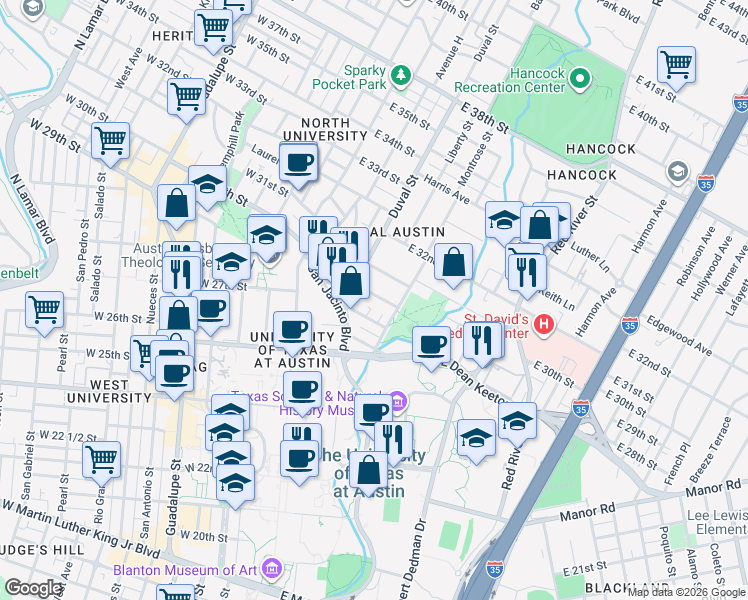 map of restaurants, bars, coffee shops, grocery stores, and more near in Austin