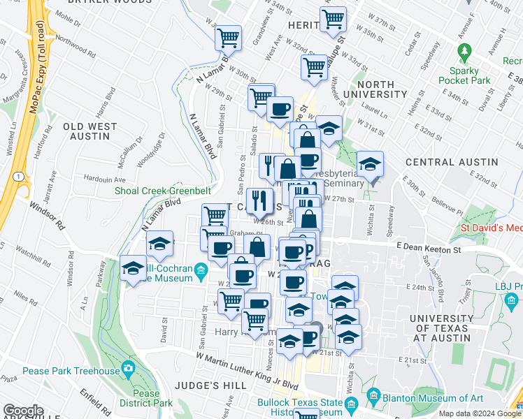 map of restaurants, bars, coffee shops, grocery stores, and more near 2606 Rio Grande Street in Austin