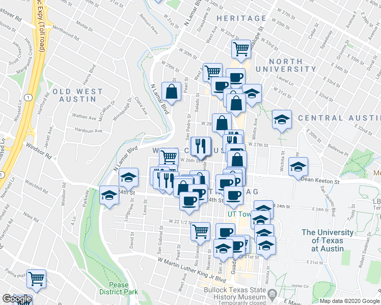 map of restaurants, bars, coffee shops, grocery stores, and more near in Austin