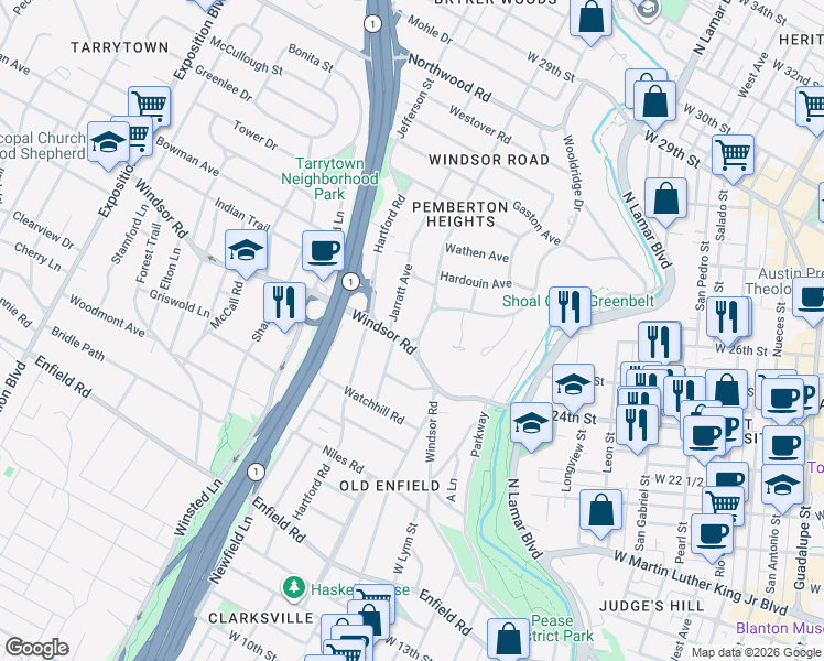 map of restaurants, bars, coffee shops, grocery stores, and more near 2401 Harris Boulevard in Austin