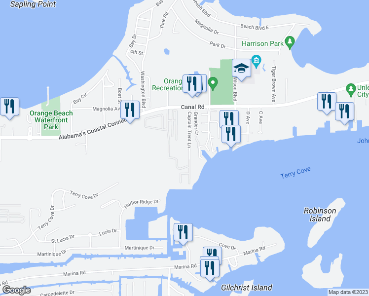 map of restaurants, bars, coffee shops, grocery stores, and more near 4555 Captain Trent Lane in Orange Beach