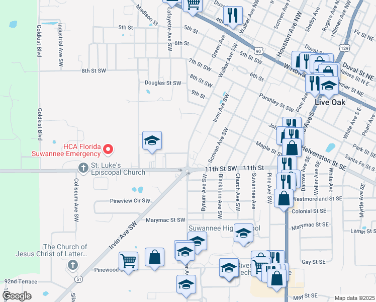 map of restaurants, bars, coffee shops, grocery stores, and more near 732 Walker Avenue Southwest in Live Oak