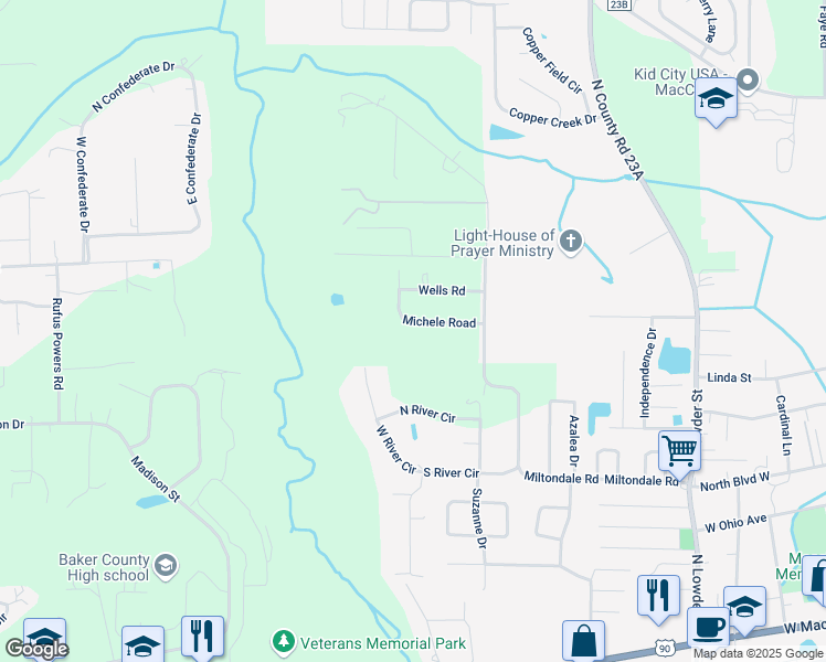 map of restaurants, bars, coffee shops, grocery stores, and more near 6186 Michele Road in Macclenny