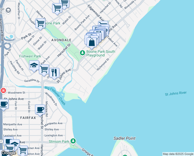 map of restaurants, bars, coffee shops, grocery stores, and more near 3730 Richmond Street in Jacksonville