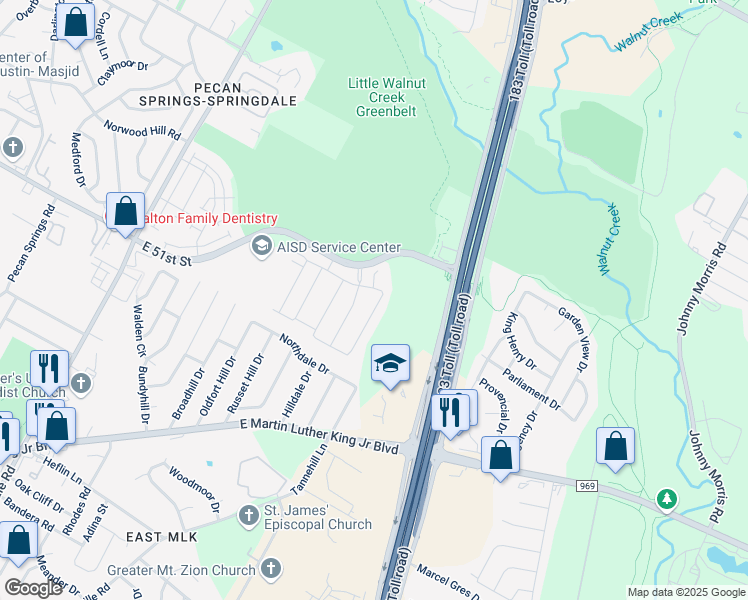 map of restaurants, bars, coffee shops, grocery stores, and more near 5336 Krueger Lane in Austin