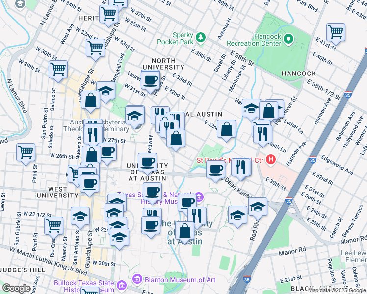 map of restaurants, bars, coffee shops, grocery stores, and more near 507 Bellevue Place in Austin