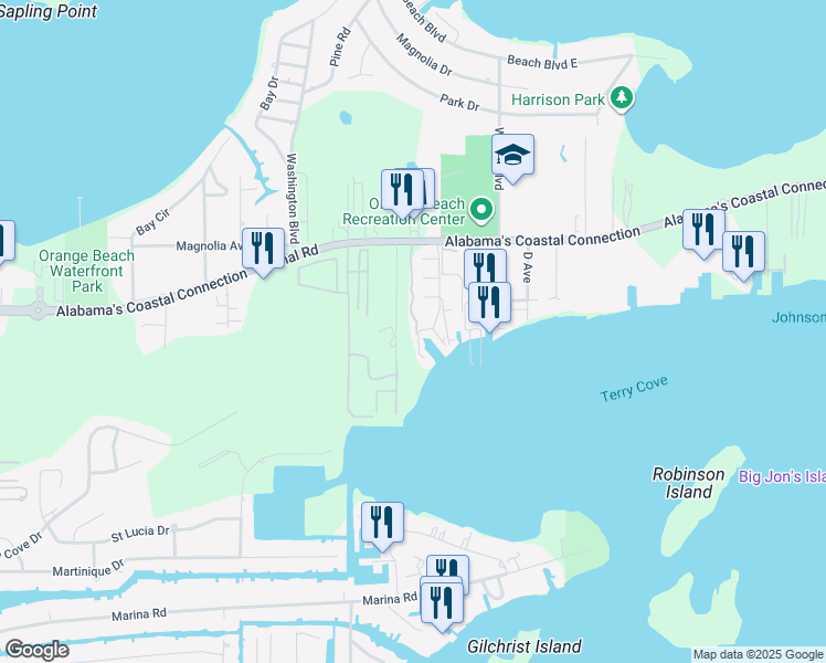 map of restaurants, bars, coffee shops, grocery stores, and more near 4555 Captain Trent Lane in Orange Beach