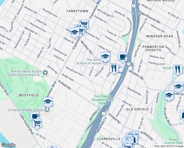 map of restaurants, bars, coffee shops, grocery stores, and more near 1709 Vista Lane in Austin