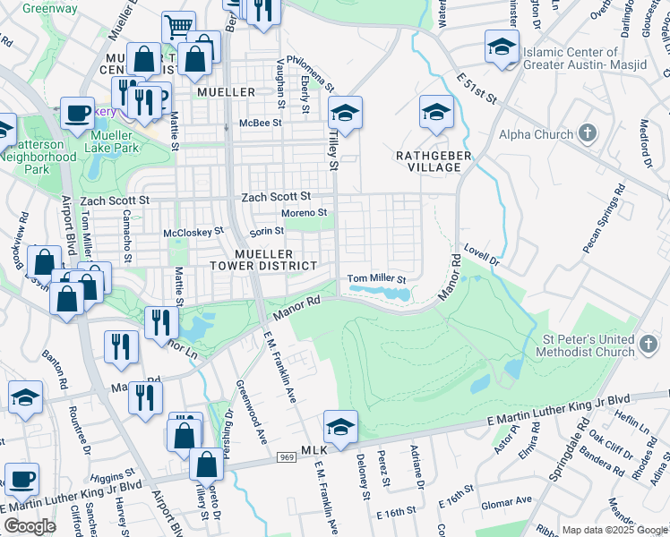 map of restaurants, bars, coffee shops, grocery stores, and more near 3802 Tilley Street in Austin