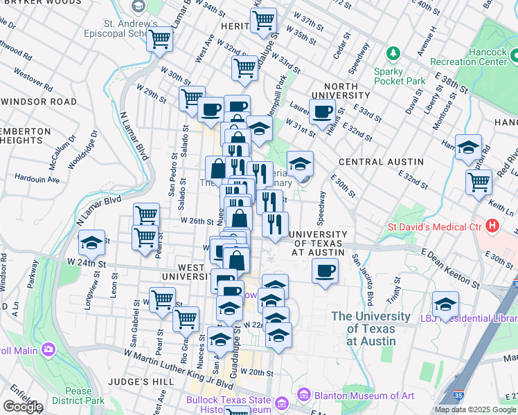 map of restaurants, bars, coffee shops, grocery stores, and more near 2624 Whitis Avenue in Austin