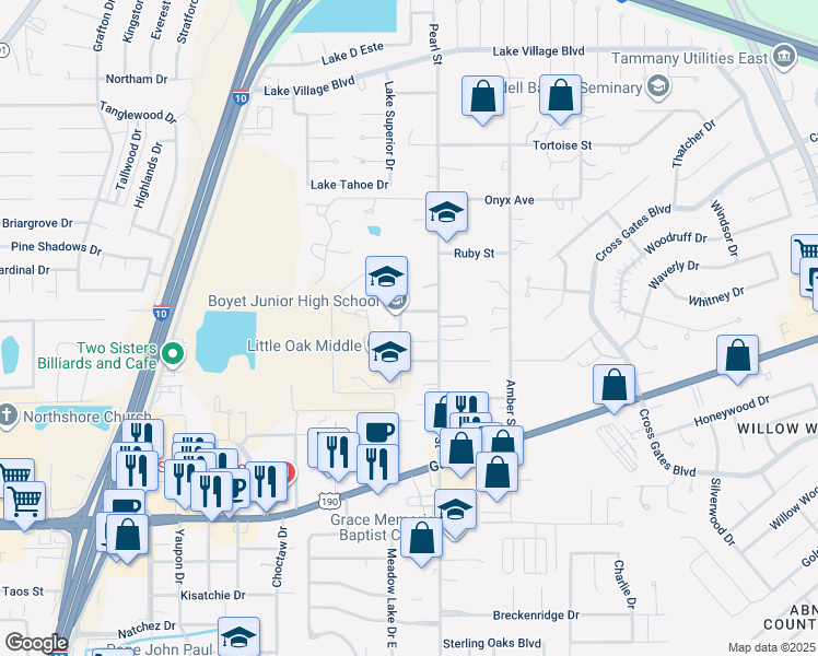 map of restaurants, bars, coffee shops, grocery stores, and more near 59278 Rebel Drive in Slidell