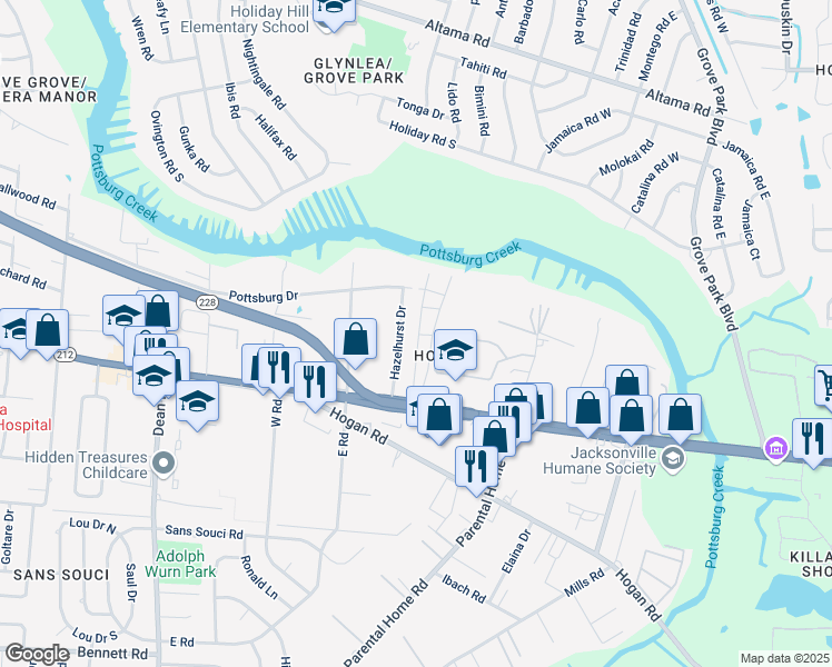 map of restaurants, bars, coffee shops, grocery stores, and more near 1713 El Camino Road in Jacksonville
