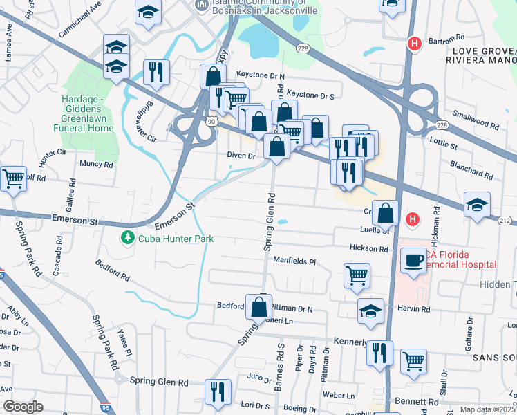 map of restaurants, bars, coffee shops, grocery stores, and more near 3424 Spring Glen Road in Jacksonville