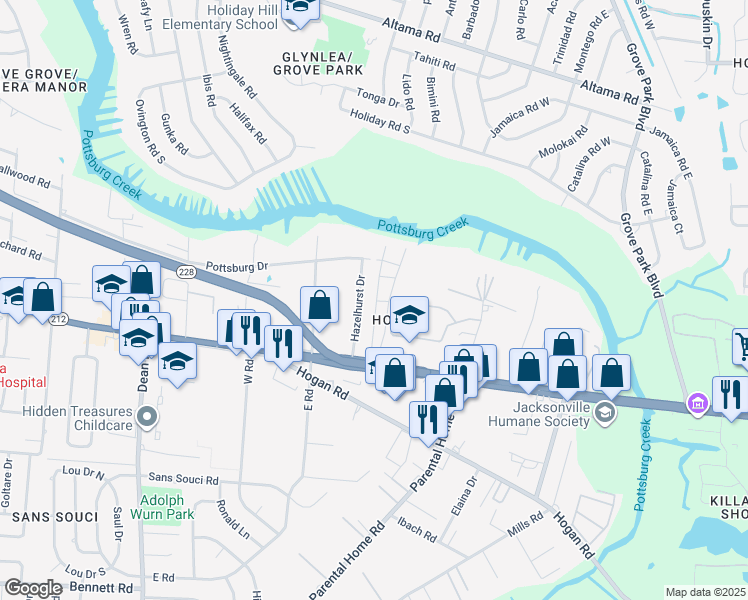 map of restaurants, bars, coffee shops, grocery stores, and more near 1714 El Prado Road in Jacksonville