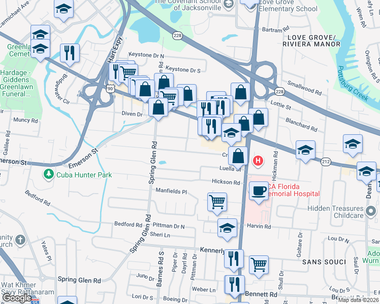 map of restaurants, bars, coffee shops, grocery stores, and more near 5544 Cruz Road in Jacksonville