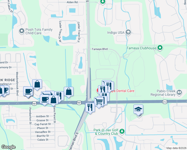 map of restaurants, bars, coffee shops, grocery stores, and more near 12637 Josslyn Lane in Jacksonville