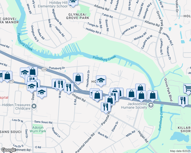 map of restaurants, bars, coffee shops, grocery stores, and more near 1714 El Prado Road in Jacksonville