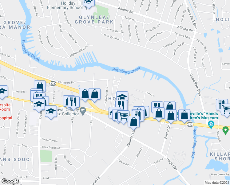 map of restaurants, bars, coffee shops, grocery stores, and more near 1714 El Prado Road in Jacksonville