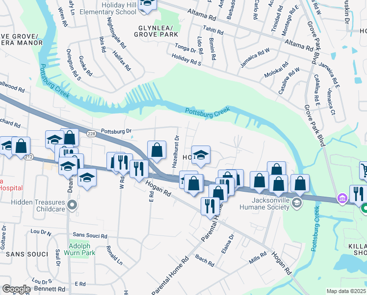 map of restaurants, bars, coffee shops, grocery stores, and more near 1714 El Prado Road in Jacksonville